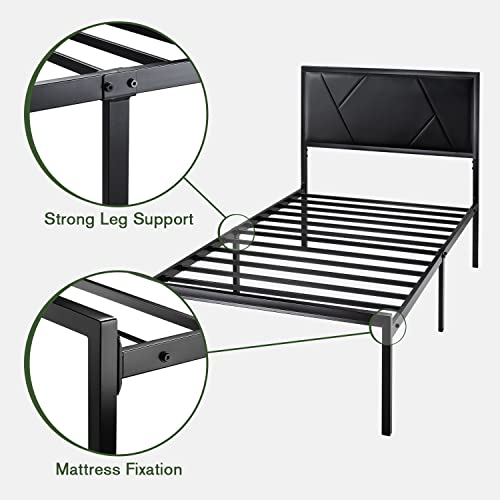 MUTICOR Twin Size Bed Frame with Geometric Leather Headboard, Heavy Duty Metal Platform Bed with Strong Metal Support, Ample Underbed Storage, No Box Spring Needed, Easy Assembly, Noise Free