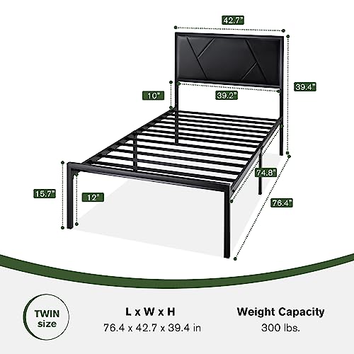 MUTICOR Twin Size Bed Frame with Geometric Leather Headboard, Heavy Duty Metal Platform Bed with Strong Metal Support, Ample Underbed Storage, No Box Spring Needed, Easy Assembly, Noise Free