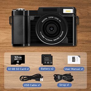 Digital Camera for Photography FHD 2.7K 30MP Vlogging Camera for YouTube, Point and Shoot Cameras with 3 Inch 180 Degree Flip Screen, 32GB TF Card Portable Small Camera for Teens Kids Seniors