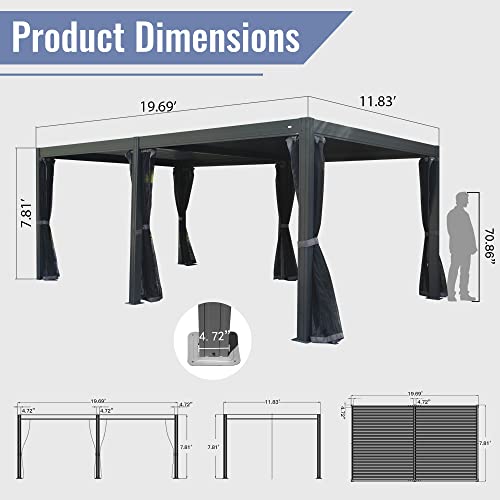 Domi Louvered Pergola, 12x20Ft Outdoor Pergola, Aluminum Pergola with Adjustable Roof, Metal Pergola Gazebo with Mosquito Netting for Patio, Backyard, Deck, Garden, Lawns(Gray)