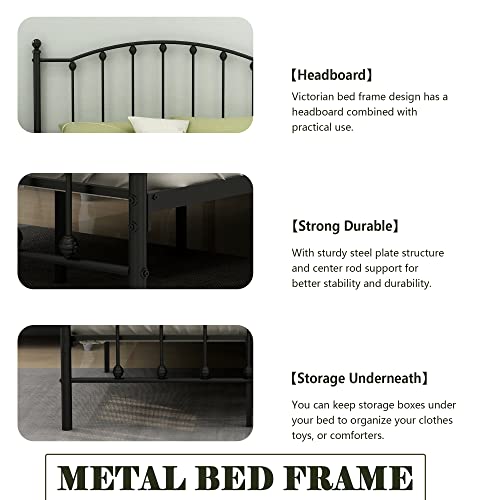 WJORATA Queen Size Platform Bed Frame with Headboard Easy Assembly Metal Mattress Foundation Victorian Vintage Style No Box Spring Needed Black