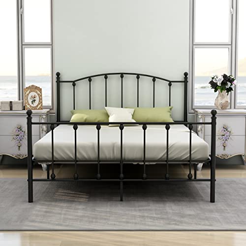 WJORATA Queen Size Platform Bed Frame with Headboard Easy Assembly Metal Mattress Foundation Victorian Vintage Style No Box Spring Needed Black