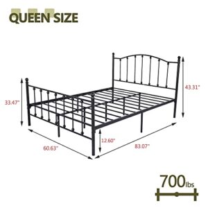 WJORATA Queen Size Platform Bed Frame with Headboard Easy Assembly Metal Mattress Foundation Victorian Vintage Style No Box Spring Needed Black