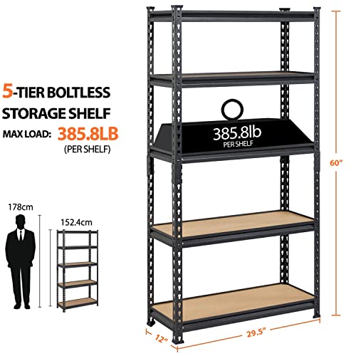 Topeakmart Storage Shelves 5 Tier Adjustable Metal Shelving Unit Utility Shelves Garage Storage Racks for Warehouse Garage Pantry Kitchen- Black, 29.5 x 12 x 60 Inch