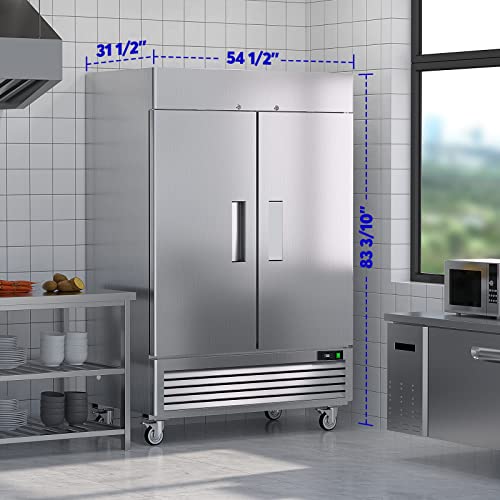 COTLIN 54" Commercial Refrigerators 2 Door Stainless Steel Reach in Refrigerator, 49 Cu.Ft Air Cooler Bottom Mount Commercial Fridge with 8 Shelves for Restaurant Kitchen Cafe Garage, ETL NSF Approved