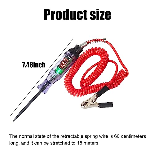 Sodcay 1 PC Car Digital Electric Pen, 6V-12V-24V DC Car Circuit Tester Light, Test Light with 5.9Ft Extended Spring Wire, Car Truck Vehicle Circuits Low Voltage Tester Probe (Red)