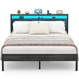 homieasy queen size bed frame with charging station and led lights, industrial metal platform bed with storage headboard, steel slat support, no box spring needed, noise-free, easy assembly, black oak