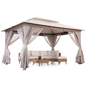 LAUSAINT HOME Outdoor Patio Gazebo 10'x13' with Expansion Bolts, Heavy Duty Gazebos Party Tent Shelter with Double Roofs, Mosquito Nets and Privacy Screens for Backyard, Garden, Lawn, Champagne Khaki