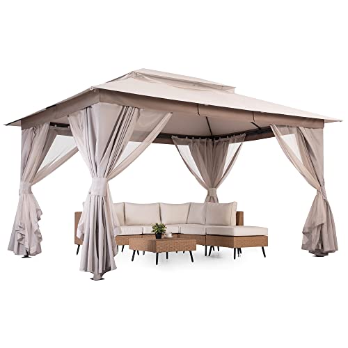 LAUSAINT HOME Outdoor Patio Gazebo 10'x13' with Expansion Bolts, Heavy Duty Gazebos Party Tent Shelter with Double Roofs, Mosquito Nets and Privacy Screens for Backyard, Garden, Lawn, Champagne Khaki