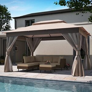 lausaint home outdoor patio gazebo 10'x13' with expansion bolts, heavy duty gazebos party tent shelter with double roofs, mosquito nets and privacy screens for backyard, garden, lawn, champagne khaki