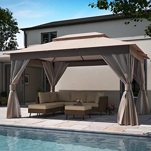 LAUSAINT HOME Outdoor Patio Gazebo 10'x13' with Expansion Bolts, Heavy Duty Gazebos Party Tent Shelter with Double Roofs, Mosquito Nets and Privacy Screens for Backyard, Garden, Lawn, Champagne Khaki