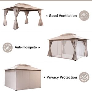 LAUSAINT HOME Outdoor Patio Gazebo 10'x13' with Expansion Bolts, Heavy Duty Gazebos Party Tent Shelter with Double Roofs, Mosquito Nets and Privacy Screens for Backyard, Garden, Lawn, Champagne Khaki