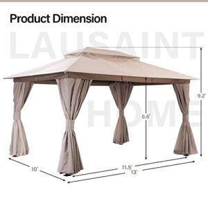 LAUSAINT HOME Outdoor Patio Gazebo 10'x13' with Expansion Bolts, Heavy Duty Gazebos Party Tent Shelter with Double Roofs, Mosquito Nets and Privacy Screens for Backyard, Garden, Lawn, Champagne Khaki