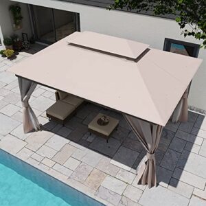 LAUSAINT HOME Outdoor Patio Gazebo 10'x13' with Expansion Bolts, Heavy Duty Gazebos Party Tent Shelter with Double Roofs, Mosquito Nets and Privacy Screens for Backyard, Garden, Lawn, Champagne Khaki