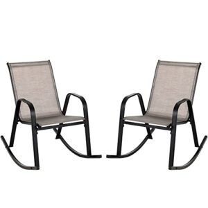tangkula patio rocking chair set of 2, outdoor ergonomic rockers with breathable fabric seat, gentle rocking function, sturdy metal rocker for front porch, backyard, garden (1, brown)