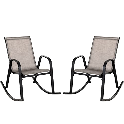 Tangkula Patio Rocking Chair Set of 2, Outdoor Ergonomic Rockers with Breathable Fabric Seat, Gentle Rocking Function, Sturdy Metal Rocker for Front Porch, Backyard, Garden (1, Brown)