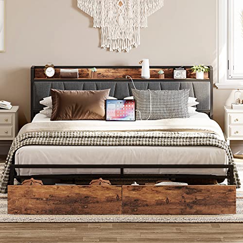 LIKIMIO King Size Bed Frame, Storage Headboard with Charging Station, Platform Bed with Drawers, No Box Spring Needed, Easy Assembly, Vintage Brown and Gray