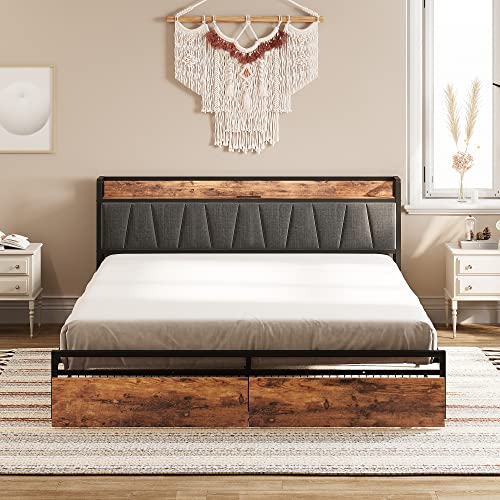 LIKIMIO King Size Bed Frame, Storage Headboard with Charging Station, Platform Bed with Drawers, No Box Spring Needed, Easy Assembly, Vintage Brown and Gray