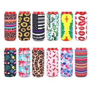 12pcs neoprene slim beer can cooler tall stubby holder foldable stubby holders beer cooler bags fits 12oz slim energy drink & beer (fashion style(12pack))