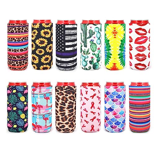 12pcs Neoprene Slim Beer Can Cooler Tall Stubby Holder Foldable Stubby Holders Beer Cooler Bags Fits 12oz Slim Energy Drink & Beer (Fashion Style(12Pack))