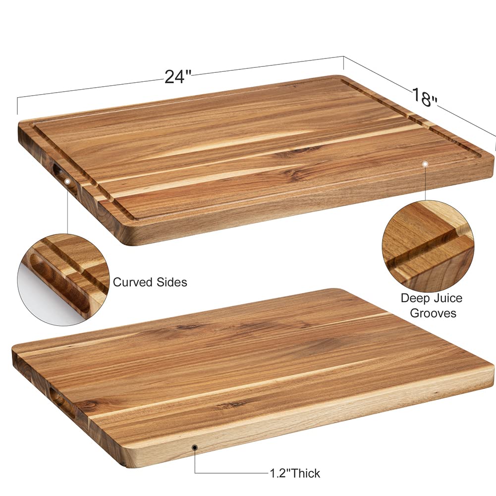 Extra Large Acacia Wood Cutting Board, 24x18 Inch Large Butcher Block Chopping Board with Handle and Juice Groove, Carving Board for Turkey, Meat, Vegetables, BBQ