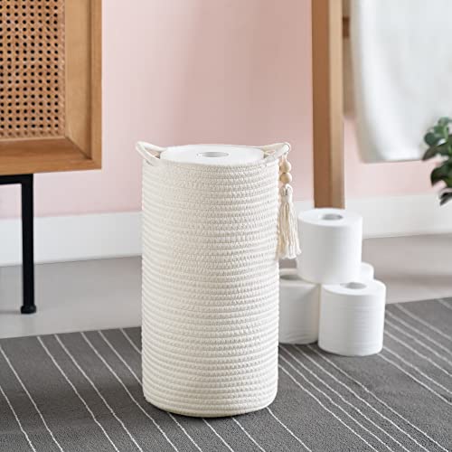 Mkono Macrame Storage Basket for Toilet Tank Top Boho Bathroom Decor and Woven Toilet Paper Holder Boho Basket for Toilet Paper Storage