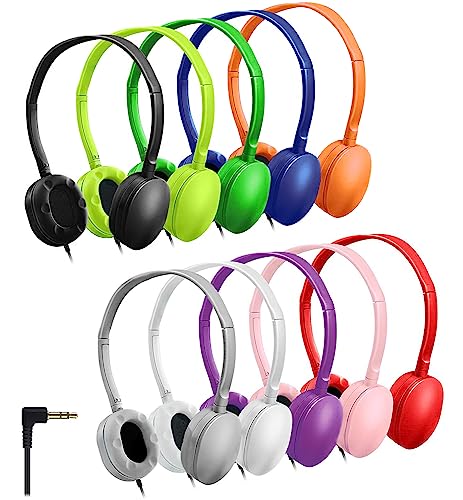 Maeline Wired On-Ear Headphones, Stereo Sound Headset with Silicone Earpads for Classroom (K-12 - College) Student Online Learning, Recording, Library, Travel, 3.5mm Jack - 10 Pack - Bulk Wholesale