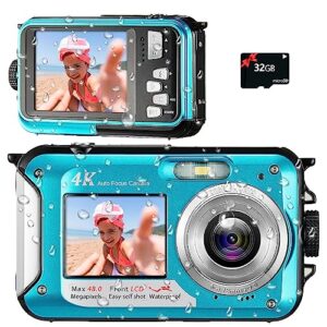 4k waterproof camera 11ft underwater camera with 32gb card 48mp autofocus selfie dual-screen underwater cameras for snorkeling, waterproof compact digital camera 1250mah battery（blue）