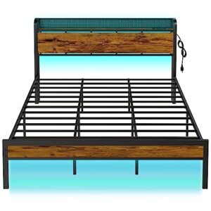 furnulem king bed frame with rgb led light,industrial storage headboard with charging station and usb port,metal mesh platform bed frame king with strong metal support,no box spring need, noise free