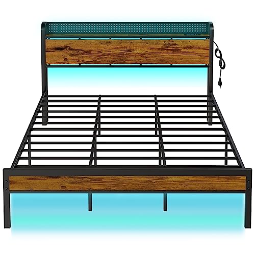 Furnulem King Bed Frame with RGB LED Light,Industrial Storage Headboard with Charging Station and USB Port,Metal Mesh Platform Bed Frame King with Strong Metal Support,No Box Spring Need, Noise Free