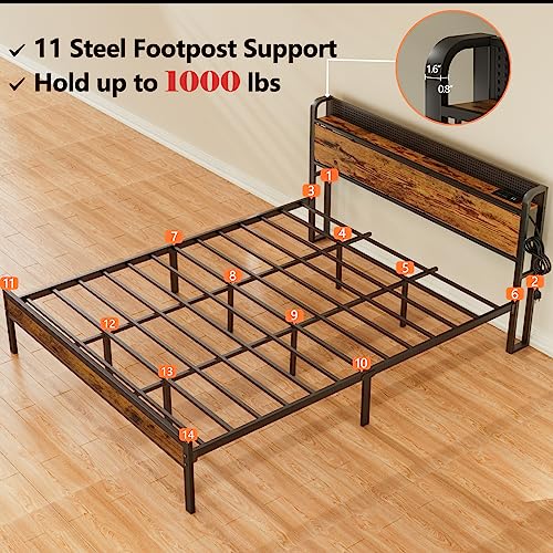 Furnulem King Bed Frame with RGB LED Light,Industrial Storage Headboard with Charging Station and USB Port,Metal Mesh Platform Bed Frame King with Strong Metal Support,No Box Spring Need, Noise Free