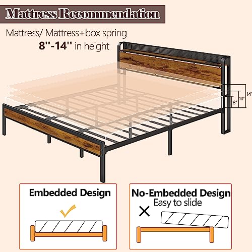 Furnulem King Bed Frame with RGB LED Light,Industrial Storage Headboard with Charging Station and USB Port,Metal Mesh Platform Bed Frame King with Strong Metal Support,No Box Spring Need, Noise Free