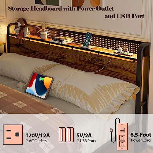 Furnulem King Bed Frame with RGB LED Light,Industrial Storage Headboard with Charging Station and USB Port,Metal Mesh Platform Bed Frame King with Strong Metal Support,No Box Spring Need, Noise Free