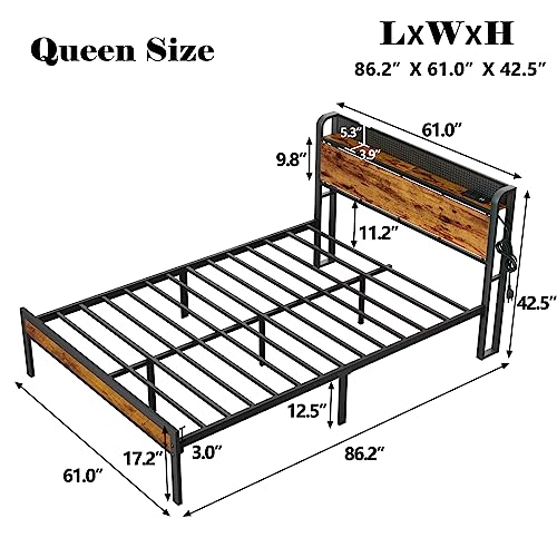 Furnulem King Bed Frame with RGB LED Light,Industrial Storage Headboard with Charging Station and USB Port,Metal Mesh Platform Bed Frame King with Strong Metal Support,No Box Spring Need, Noise Free