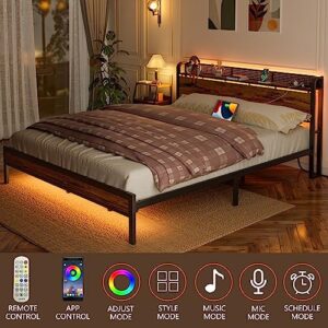 Furnulem King Bed Frame with RGB LED Light,Industrial Storage Headboard with Charging Station and USB Port,Metal Mesh Platform Bed Frame King with Strong Metal Support,No Box Spring Need, Noise Free