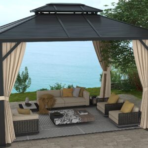 Aoxun 10'x12' Hardtop Gazebo, Outdoor Galvanized Double Roof Gazebo with Aluminum Frame Permanent Pavilion and Curtains & Netting for Backyard, Patio, Deck, Parties (Brown)
