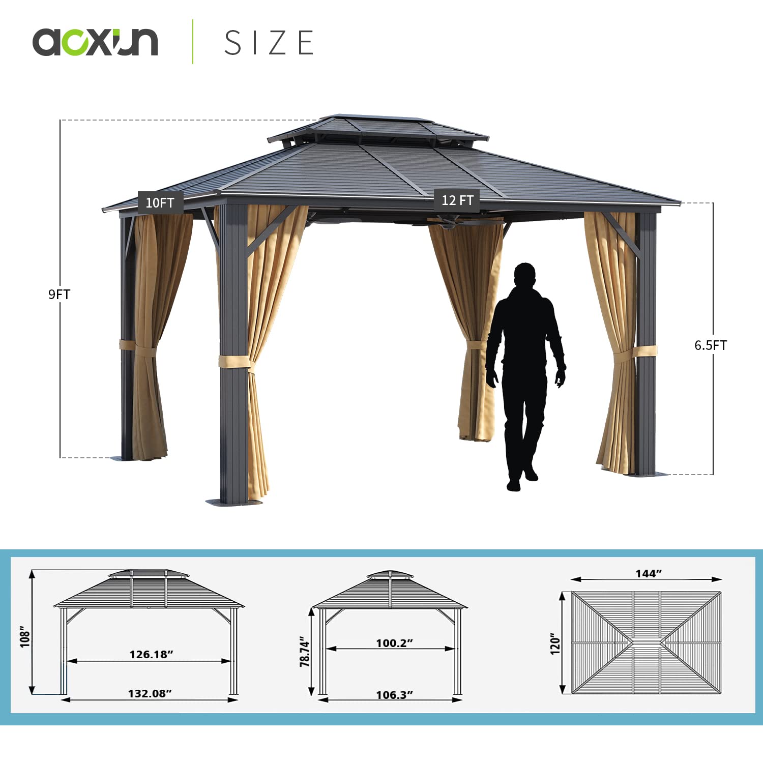 Aoxun 10'x12' Hardtop Gazebo, Outdoor Galvanized Double Roof Gazebo with Aluminum Frame Permanent Pavilion and Curtains & Netting for Backyard, Patio, Deck, Parties (Brown)