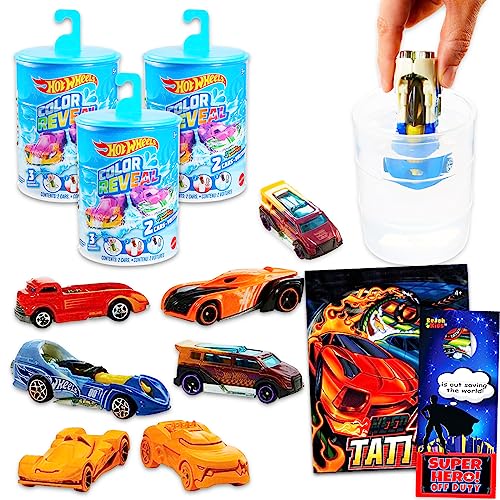 Hot Wheels Color Reveal Toy Cars Playset - Bundle with 6 Hot Wheels Reveal Cars, Plus Need4Speed Tattoos, More | Hot Wheels Gift Set for Kids