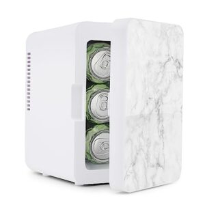 personal chiller portable mini fridge cooler and warmer, 4 liter capacity chills six 12 oz cans, snacks, and skincare products, 100% freon-free, marble door