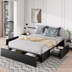 allewie queen size platform bed frame with 3 storage drawers, faux leather upholstered, wooden slats support, no box spring needed, easy assembly, black