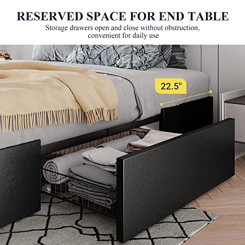 Allewie Queen Size Platform Bed Frame with 3 Storage Drawers, Faux Leather Upholstered, Wooden Slats Support, No Box Spring Needed, Easy Assembly, Black