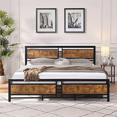 12 Inch King Size Metal Platform Bed Frame with Wooden Headboard and Footboard, Mattress Foundation, No Box Spring Needed, Large Under Bed Storage, Non-Slip Without Noise(Rustic Brown, King)