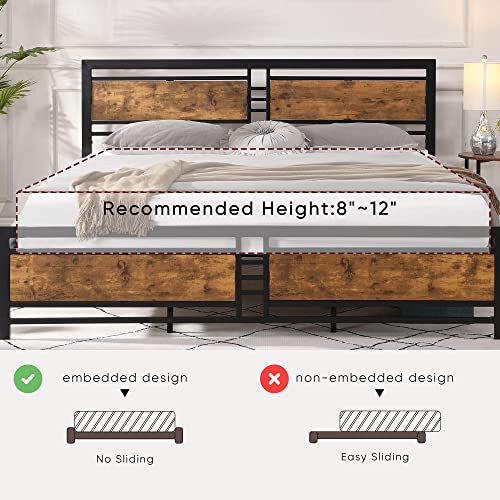 12 Inch King Size Metal Platform Bed Frame with Wooden Headboard and Footboard, Mattress Foundation, No Box Spring Needed, Large Under Bed Storage, Non-Slip Without Noise(Rustic Brown, King)