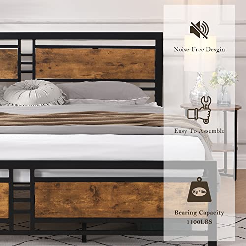 12 Inch King Size Metal Platform Bed Frame with Wooden Headboard and Footboard, Mattress Foundation, No Box Spring Needed, Large Under Bed Storage, Non-Slip Without Noise(Rustic Brown, King)