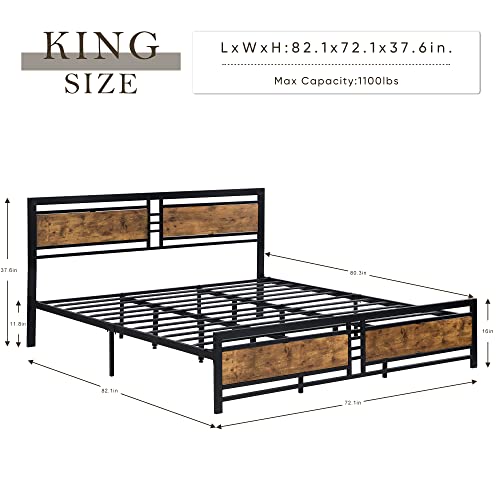 12 Inch King Size Metal Platform Bed Frame with Wooden Headboard and Footboard, Mattress Foundation, No Box Spring Needed, Large Under Bed Storage, Non-Slip Without Noise(Rustic Brown, King)