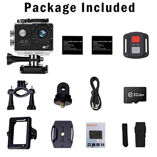 Action Camera 4K30FPS Ultra HD Waterproof Camera,98FT 30M Underwater Cameras and Remote Control 170° Wide Angle Video Recording Sports Cameras with 32G SD Card & 2 Batteries Accessories Kit
