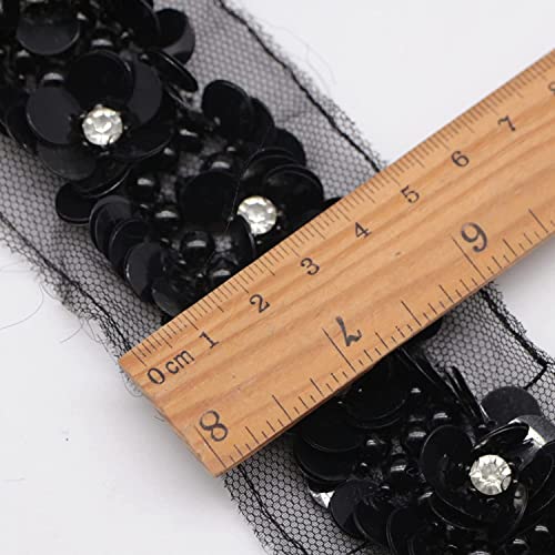 Embroidery Lace Trim Fabric,Decoration Handmade Sewing Accessories,1 Meter Sequin Crystal Lace Ribbon Beaded Flower Lace Trim for Sewing Garment Shoes Bag Decoration Headdress Craft (Color : Black)