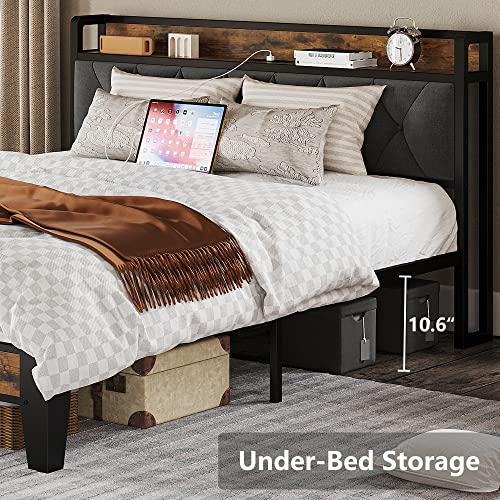 ANCTOR Queen Bed Frame, Storage Headboard with Outlets, Easy to Install, Sturdy and Stable, No Noise, No Box Springs Needed