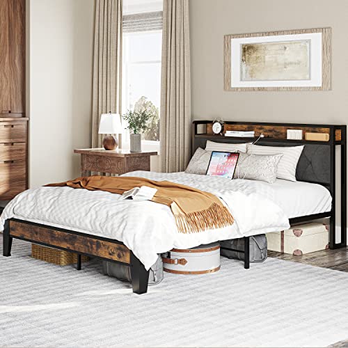 ANCTOR Queen Bed Frame, Storage Headboard with Outlets, Easy to Install, Sturdy and Stable, No Noise, No Box Springs Needed