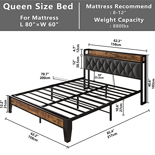 ANCTOR Queen Bed Frame, Storage Headboard with Outlets, Easy to Install, Sturdy and Stable, No Noise, No Box Springs Needed